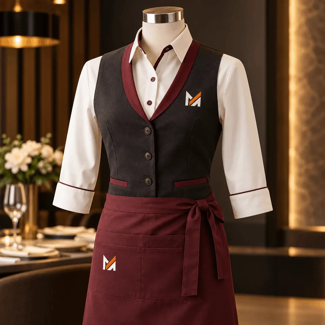 Elegant hospitality uniform displayed on a mannequin, featuring a white shirt, dark charcoal vest with burgundy trim, matching burgundy waist apron,
                                    and Mega Apparel logo in a luxury restaurant setting.